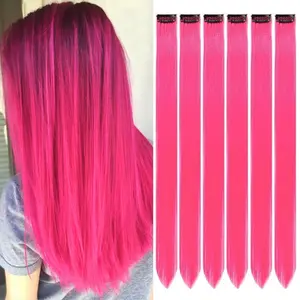 Vibrant Hot Pink Clip-In Hair Extensions – 6PCS 20 Inch Long Straight Synthetic Hairpieces for Women & Girls, Add Instant Festive Style