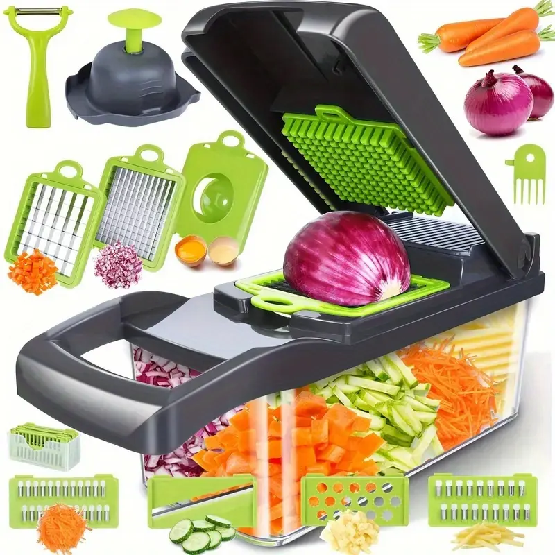 16-in-1 Multifunction Kitchen Utensils Vegetable Chopper & Mandoline Slicer Set with Food Container, Chopping Blade, Onion Dicer, Julienne Cutter, Egg Separator, Peeler & Cleaning Brush