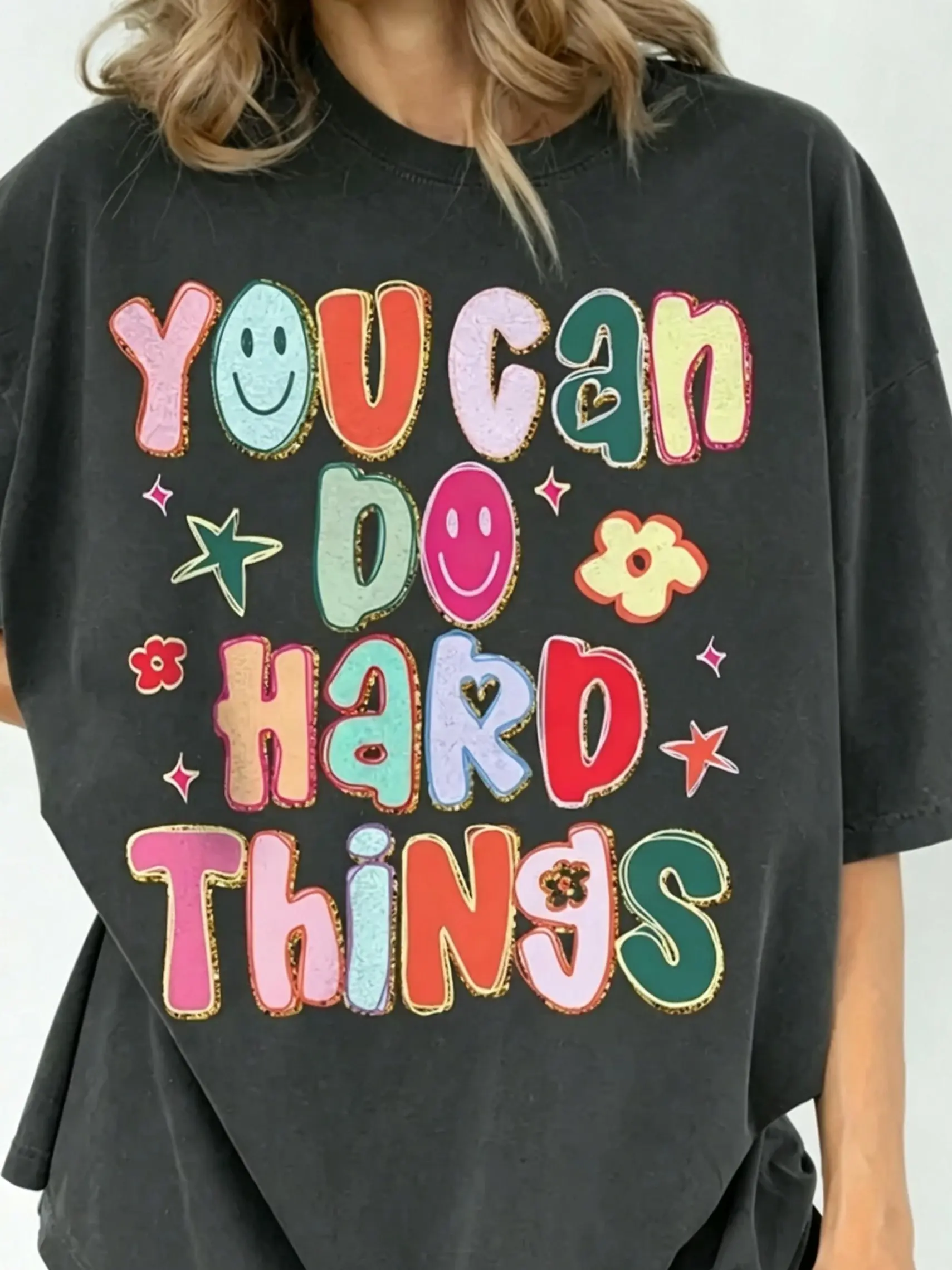 Women Comfort Colors Vintage Washed Short Sleeve T‑Shirt, You Can Do Hard Things Retro Groovy Smiley Face Star Flower Positive Quote Graphic Oversized Casual Tee For Inspirational Daily Gift