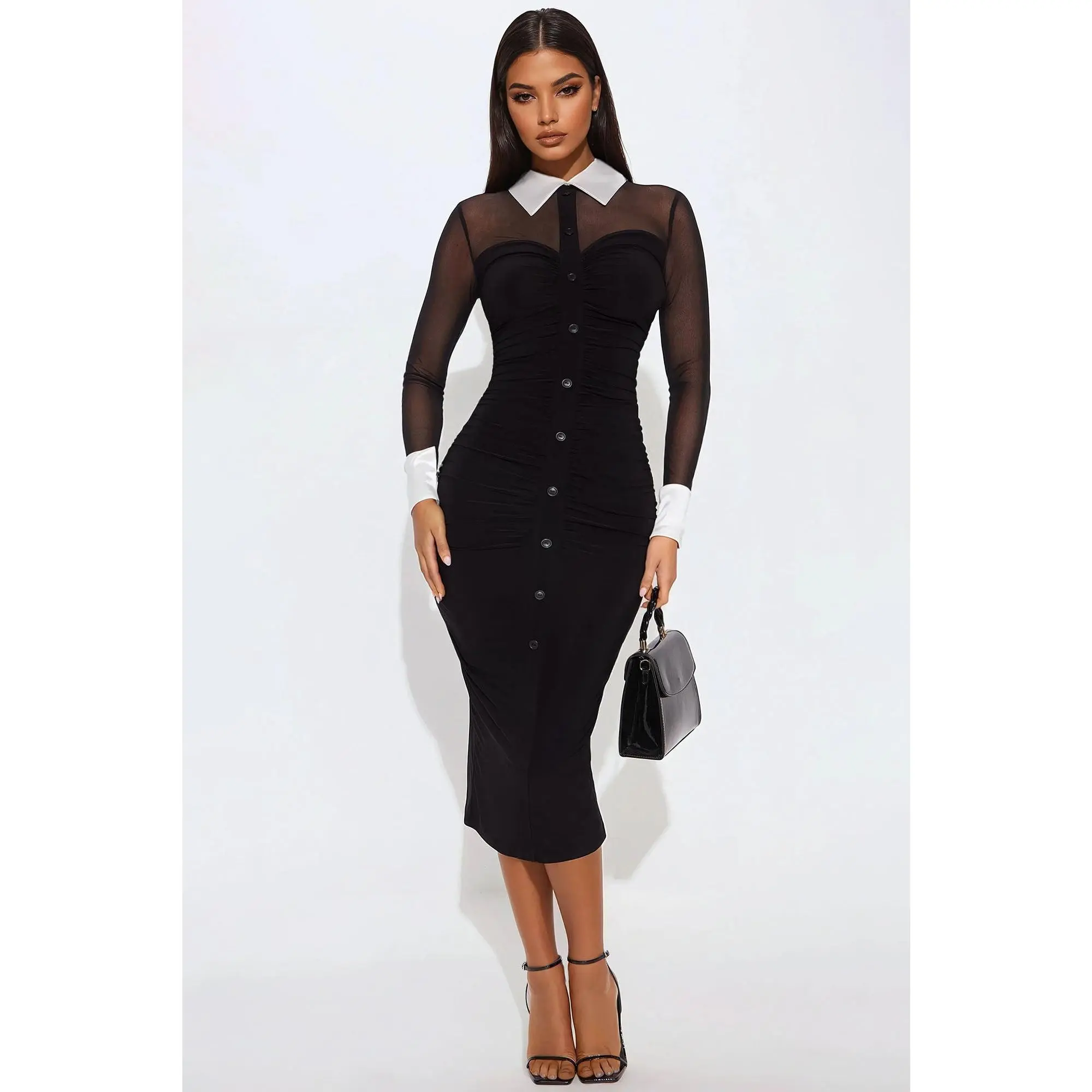 She Means Business Mesh Shirt Midi Dress - Black