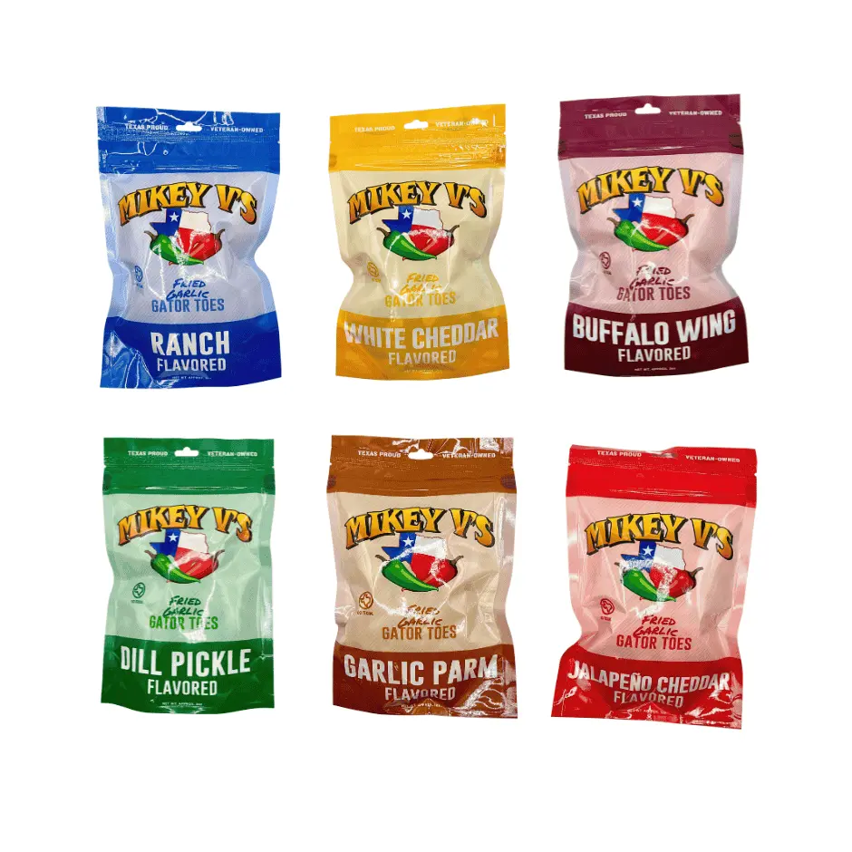Mikey V’s New Gator Toes Combo- 6 Flavors of Crispy Fried Garlic Snacks