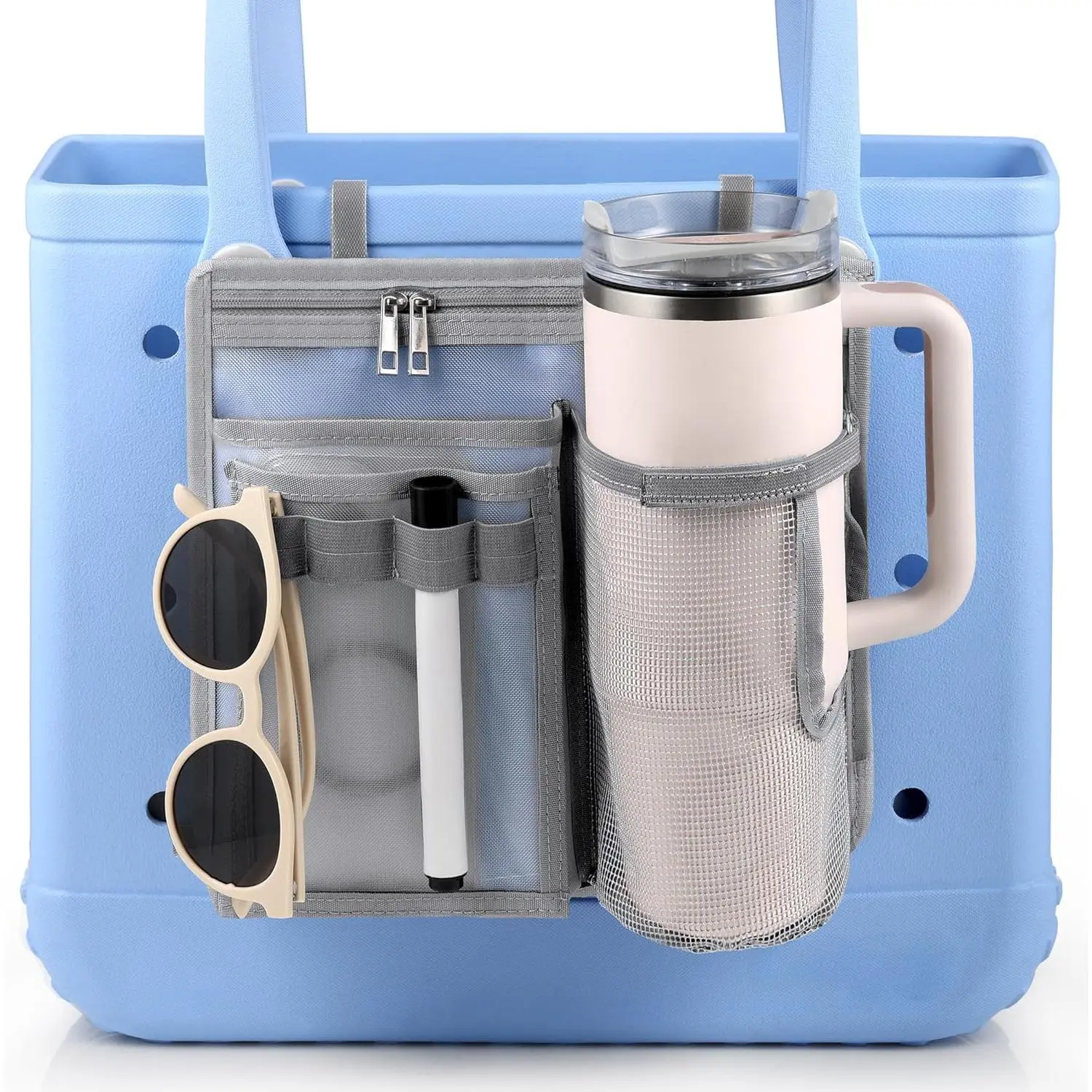 Organizer  for Bogg Simple Modern Bag Accessories, Cup Phone  compatible with Stanley, Univesal Storage Mesh Divider Organizing Insert Pouch for Medium Bog Beach Rubber Tote, Gray Holder