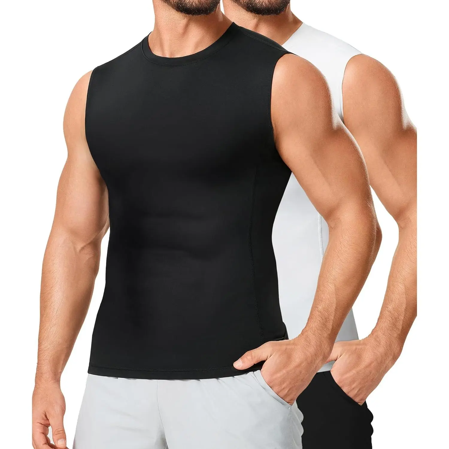 Men's 2-Pack Compression Tank Tops - Sleeveless Crew Neck Slim Fit Shirt, Small/Large Workout Shirt, Athletic Base Layer for Soccer & Weightlifting, All-Day Comfort Undershirt
