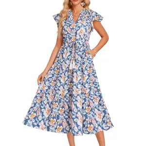 GRACE KARIN Womens Summer Floral Midi Dresses Short Sleeve Beach Wedding Guest Dress Drawstring Long Flowy Dress with Pockets