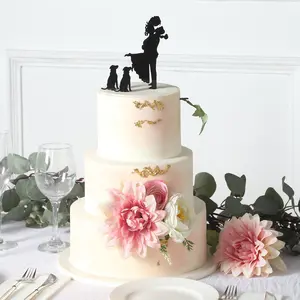 7" Black Acrylic Bride and Groom With Two Pet Dogs Cake Toppers, Silhouette Wedding Cake Decoration Set