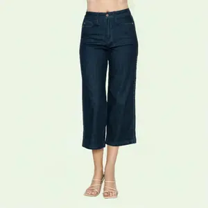 Judy Blue Full-Size Side Seam Braid Detail Cropped Wide Leg Jeans, soft denim, flowy breathable fit, minimalist streetwear style, basic womenswear.