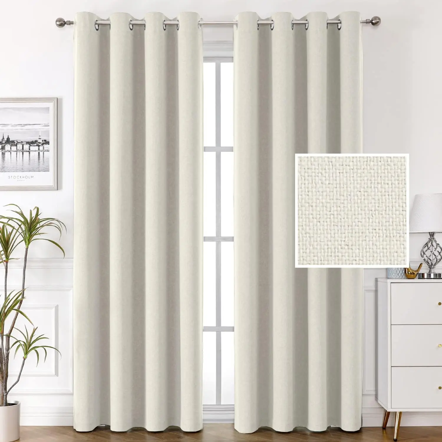 Blackout Linen Curtains Thermal Curtains for Living Room Textured Burlap Curtains with Double  Linen Grommet Soundproof Bedroom Curtains 52 x 96 Inch, 2 Panels - Heather