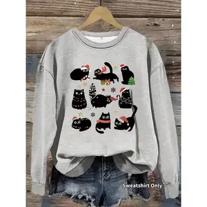 Women’s Casual Christmas Cat Print Pullover Sweater, Soft Long Sleeve Crewneck Sweatshirt, All-Season Wear