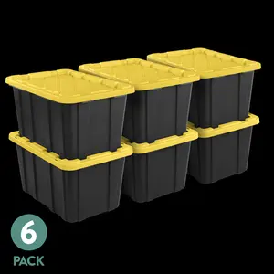 Large Storage Bin, 27 Gallon Durable Plastic Storage Tote with Snap-On Lid, Black and Yellow, 6 Pack