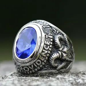 New 316L Stainless Steel Unique Blue Stone Ring Gothic Biker Punk Retro Old Totem Jewelry For Men Women Gifts