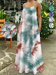 Plus Size Women's Tie Dye Halter Spaghetti Strap Sleeveless Long Dress, Loose-Fitting, Casual Boho Chic Style, Summer, with Pockets, 5 Colors Available, Perfect for Bohemian Daily Wear