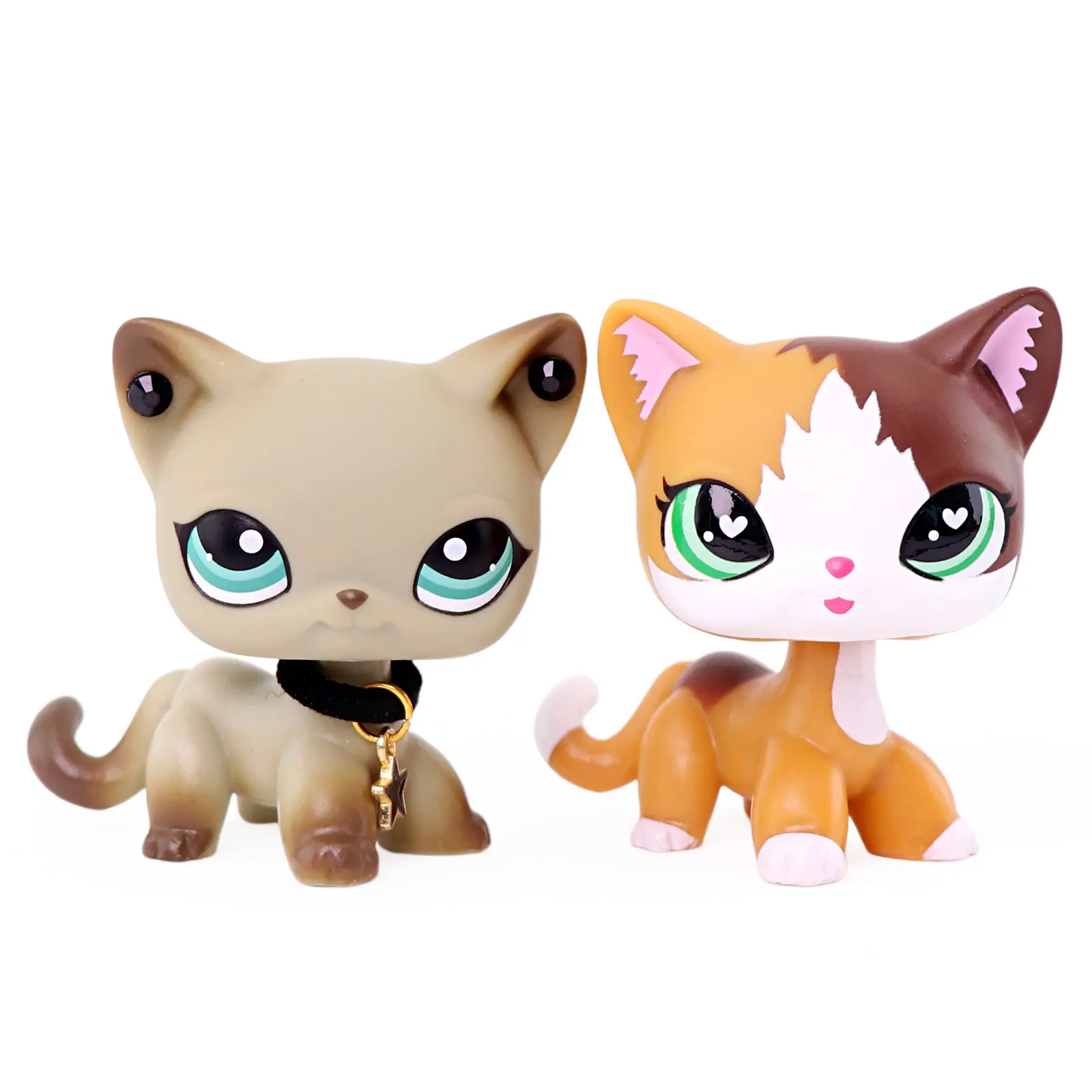 2-Pcs Cartoon Plastic Mini Short Hair Cat Figurines Set, Cute Kitty Figures with Star Pendant Collar, Hand-Painted Smooth Collectible Pet Statues, Decor/Topper Gift for Kids Birthday Party Favor