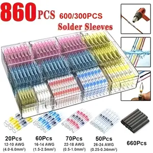 860pcs Solder Seal Wire Connectors, Butt Connector, Solder Sleeves, Insulated Electrical Butt Splice Wire Terminals for Marine Automotive Boat Truck Wire Joint