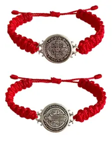 2 Pcs Red St. Benedict Bracelets, Cross Charm Bangle, Catholic Rosary Gifts, Black Adjustable String, Saint Benedict Medal, Religious Jewelry for Men & Women