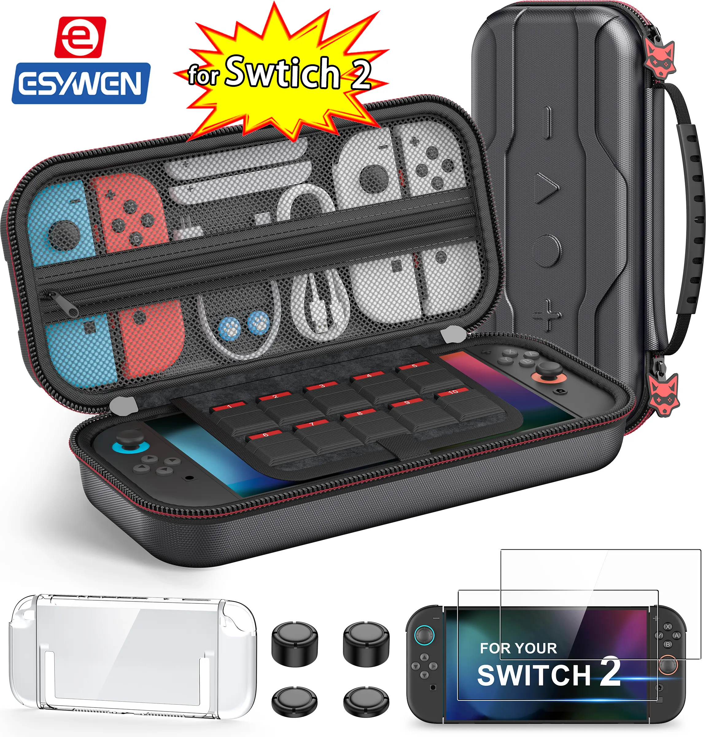 ESYWEN Switch 2 Case for Nintendo Switch 2 (2025)/Switch/OLED, 4-in-1 Bundle Kits for Switch 2, 2X Screen Protectors+4X Thumb Caps, Accessories Set with Switch 2 Carrying Case