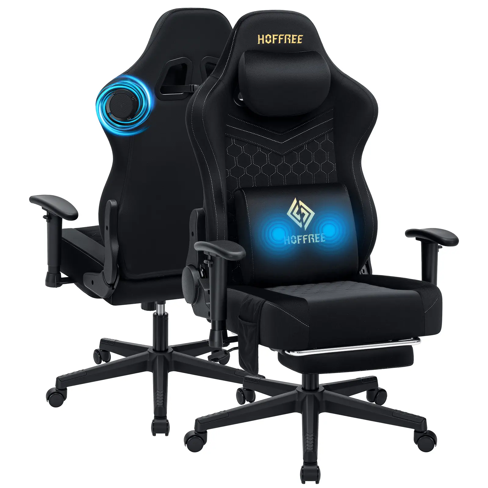 HOFFREE Gaming Chair Suede Fabric with Speakers Massage Gaming Chairs with Pocket Spring Cushion 165° Reclining Game Chairs for Adults Ergonomic Computer Chair for Gaming Office Black
