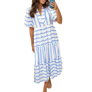 Ricrac Trim Notched Neck Half Sleeve Regular & Plus Size Vacation Dress