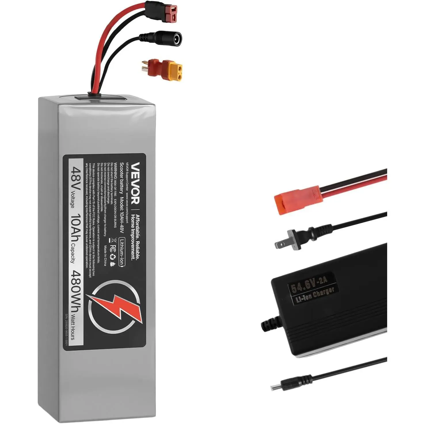 VEVOR 48V 10Ah Electric Scooter Lithium Battery Pack with 30A BMS Protection, Fast Charging, IP66 Waterproof, Easy Setup, Chargers, T-Plug Expansion Cable, 500+ Cycles, Compatible with 2400W Motors, for Electric Bikes & Scooters