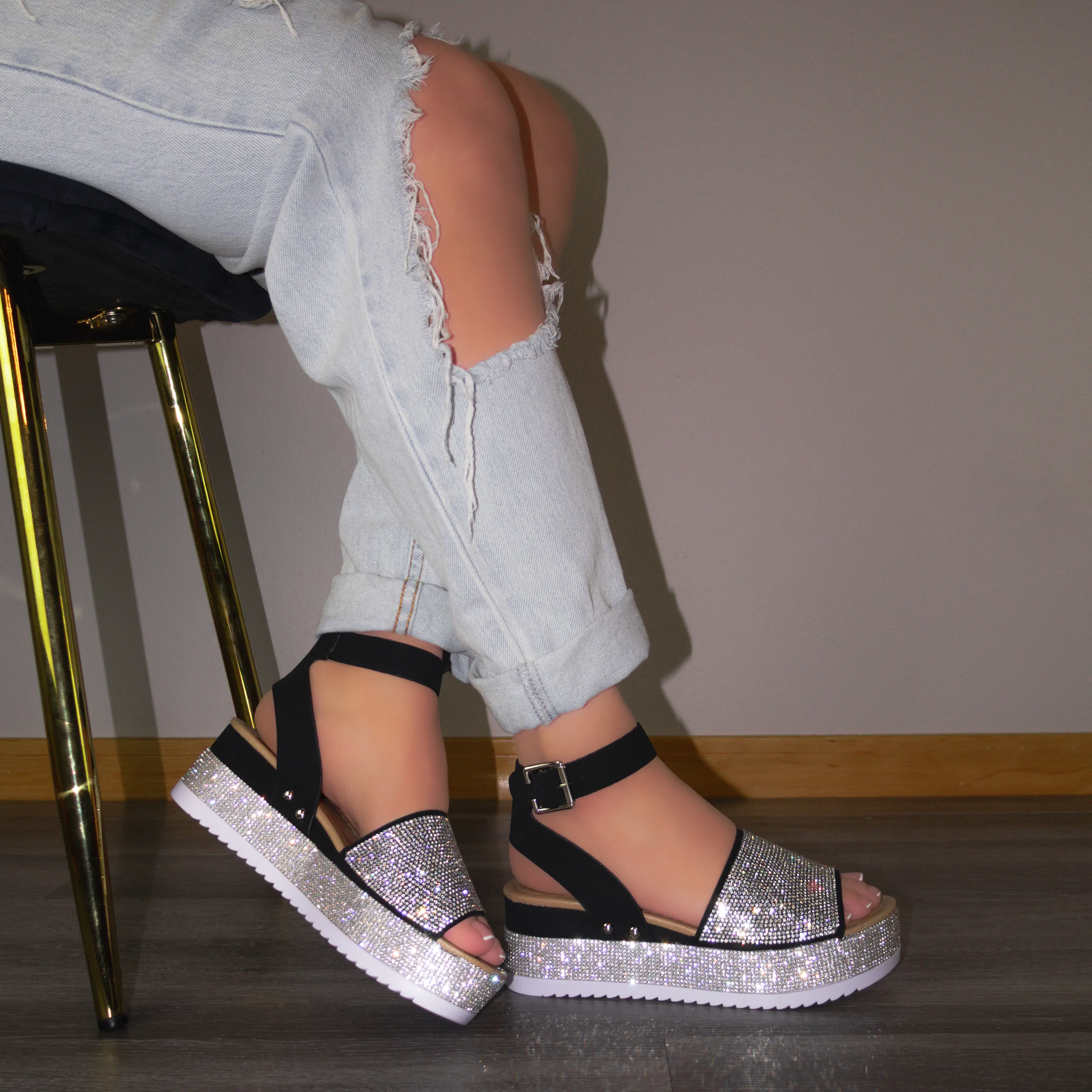 Karla - Embellished Platform Ankle Strap Sandals, Rhinestone Details on Platform & Strap, Glamorous Summer Footwear, Stylish & Eye-Catching Design Buckle