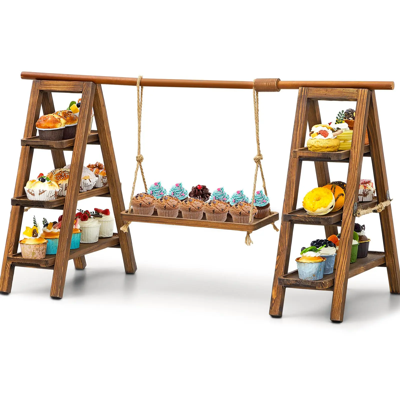 Federedevo 3-Tier Sturdy Solid Wood Cupcake & Cookie Stand Set - Rustic A-Frame Ladder Tray with Adjustable Swing, Tabletop Decorative Dessert Decoration for Christmas, Wedding, Housewarming Gifts (All Ages Friendly), Tabletop Use
