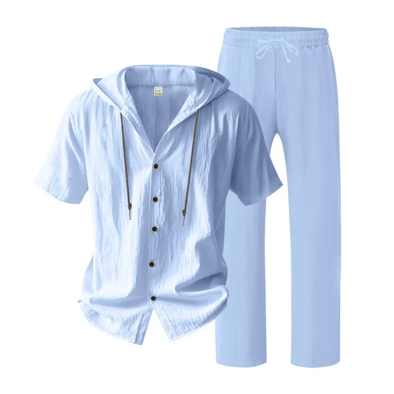 Men's Linen Casual Hooded Short Sleeve Shirt and Loose Pants Set, Lightweight Breathable Summer Beach Vacation Outfit, Drawstring Relaxed Fit Two Piece Set for Daily Wear Travel Resort Loungewear Comfortable Stylish Summer Outfit