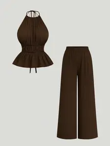 Women's Fashion Chic Aesthetic Comfortable Lightweight Sexy Fitted Waist Gathered Belt Backless Halter Top and Casual Loose Wide Leg Long Pants Set, 2 Piece, Outfit, Womenswear