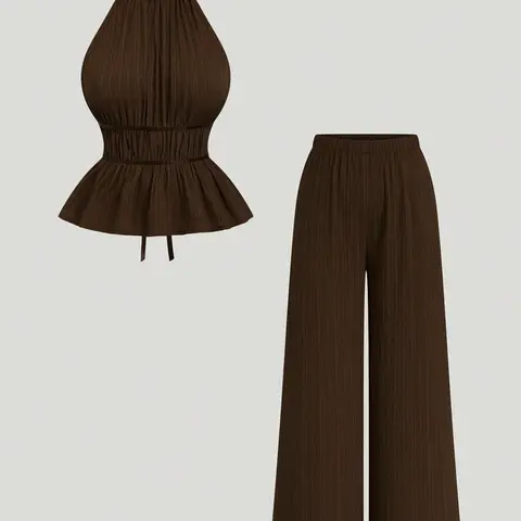 Women's Fashion Chic Aesthetic Comfortable Lightweight Sexy Fitted Waist Gathered Belt Backless Halter Top and Casual Loose Wide Leg Long, 2 Piece Outfits, Matching Sets, Womenswear, Brown