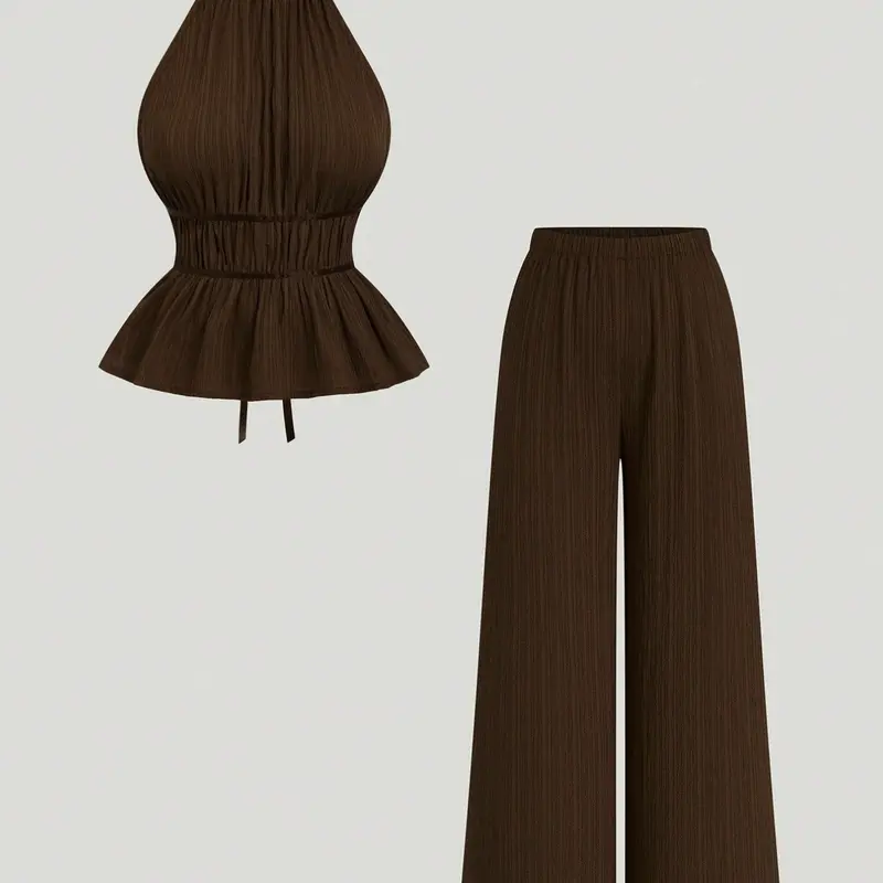 Women's Fashion Chic Aesthetic Comfortable Lightweight Sexy Fitted Waist Gathered Belt Backless Halter Top and Casual Loose Wide Leg Long, 2 Piece Outfits, Matching Sets, Womenswear, Brown