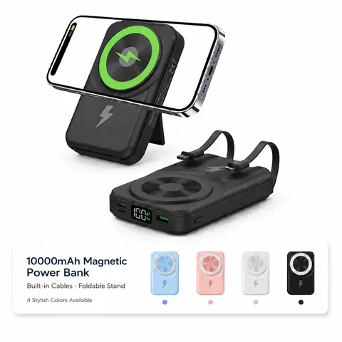 ARTCYBER 10000mAh Magnetic Wireless Power Bank Charger - Phone Accessories, High-Capacity Compact Portable Battery with LED Display, Built-in USB-C & 8-Pin Cables, Foldable Stand, EDC Gear for iPhone & Mobile Devices