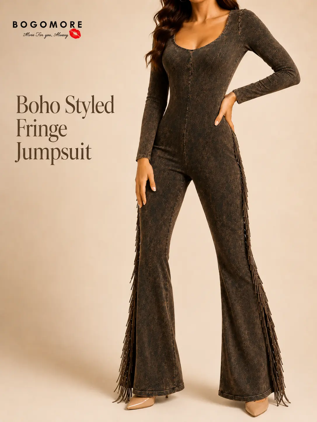 Jumpsuit for Women - Mineral Washed Fringe Cotton Long Sleeve Overall, Boho Romper Jumpsuit for Festival and Vacation