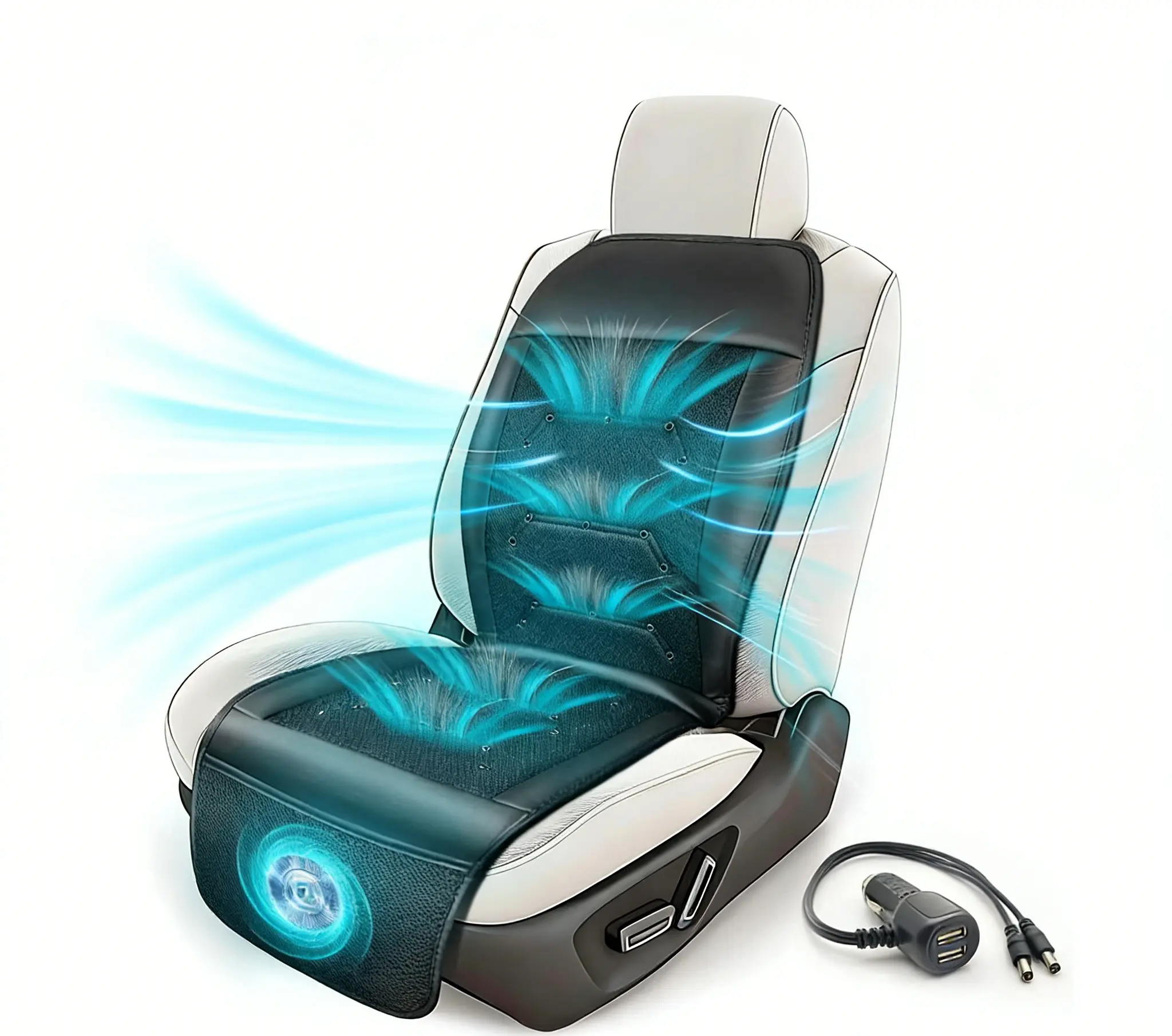 Ventilated Car Seat Cover with Dual USB 12V Plug, Breathable Cooling Cushion for Car Truck SUV, Quick Install & High Airflow, Universal Fit (Sport Black)