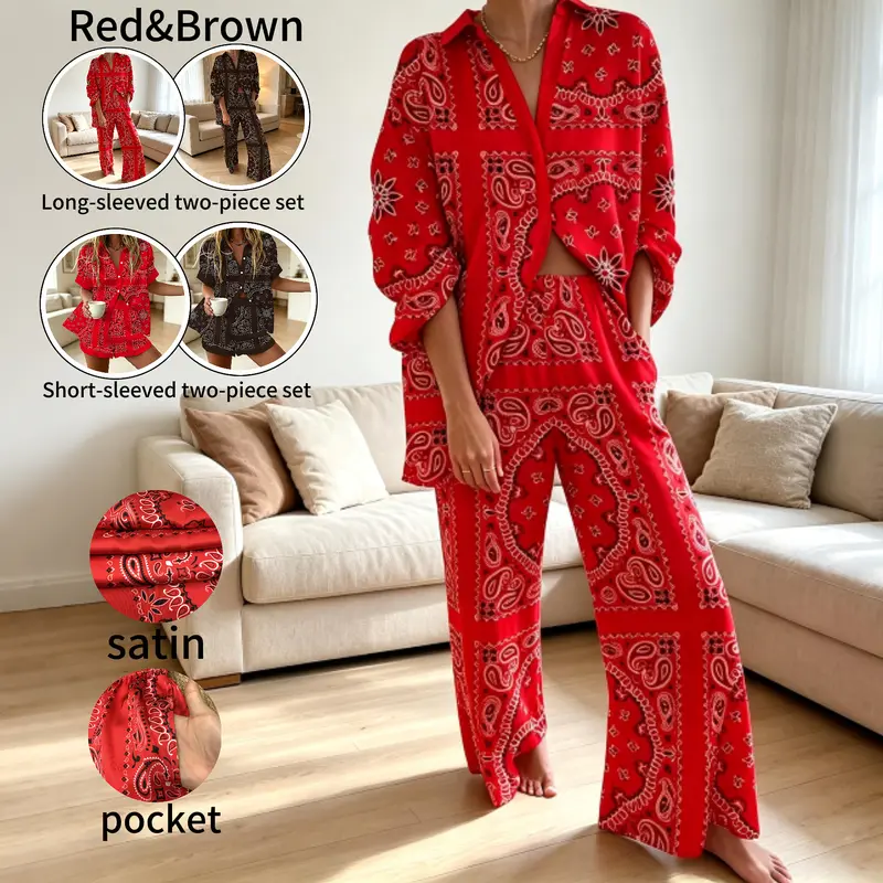 Women's Retro 2-Piece Paisley Satin Casual Loungewear Set - Silky Lightweight Flowing Fabric, Comfortable Elastic Waistband, Short Pants, Multi-Size, Resort Wear, PJ Sets, Flattering Fit, Travel Outfits, OOTD Inspiration, Casual Chic Fashion Clothing Kit,