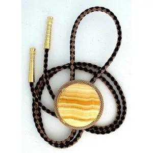 Banded Golden Sonoran Calcite Round Cab Gold Mesh Bolo Tie Cord Tips EPBT370