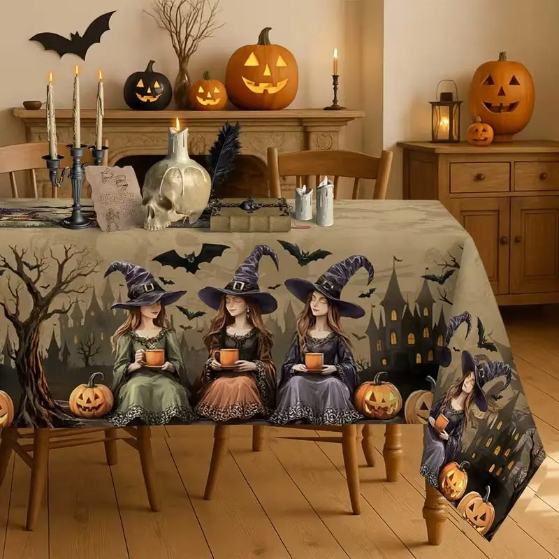 Halloween Tablecloth, Witch Castle Design, Spooky Skull Background, Wizard Hat and Pumpkin Decor, Rectangular Polyester, Home Party Decoration, Party Decoration Supplies