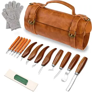 Large Deluxe Wood Carving Tool Set with Wood Whittling Kit, Wood Carving Knife Set, Leather Case, for Beginners, Pumpkin Carving, Halloween Gift