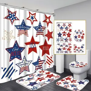 4pcs Stars and Stripes Themed Shower Curtain Set Independence Day Style Multi-Functional Partition Shower Curtain Shower Curtain with Hooks Non-Slip U-Shaped Toilet Toilet Lid Cover Bathroom Decoration