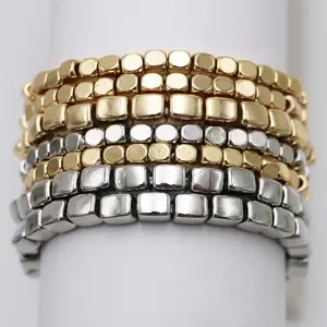 Chunky Nugget Multi Strand Stacking Statement Stretch Bangle Bracelet Set of 7 Polished Gold and Silver