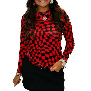 Znacicc Trendy Women's Classic Checkered Pattern Mesh Mock Neck Comfortable Winteroutfit Long Sleeve Top - Lightweight for Daily & Casual Wear