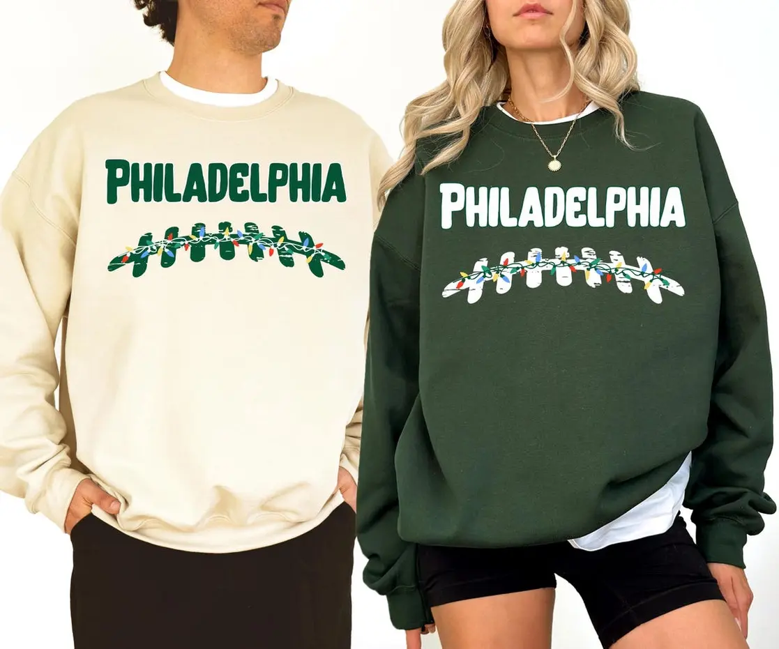 Adult & Youth Philadelphia Christmas Football Sweatshirt, Retro Holiday Game Day Tee, Green Lights Football T-Shirt, Festive Philly Sweatshirt Gift