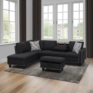 Bring style, comfort, and versatility to your living space with this 3-piece sofa set featuring a sofa, chaise, and storage ottoman. Upholstered in soft, durable Linen fabric, the set is detailed with elegant nailhead trim for a touch of sophistication.