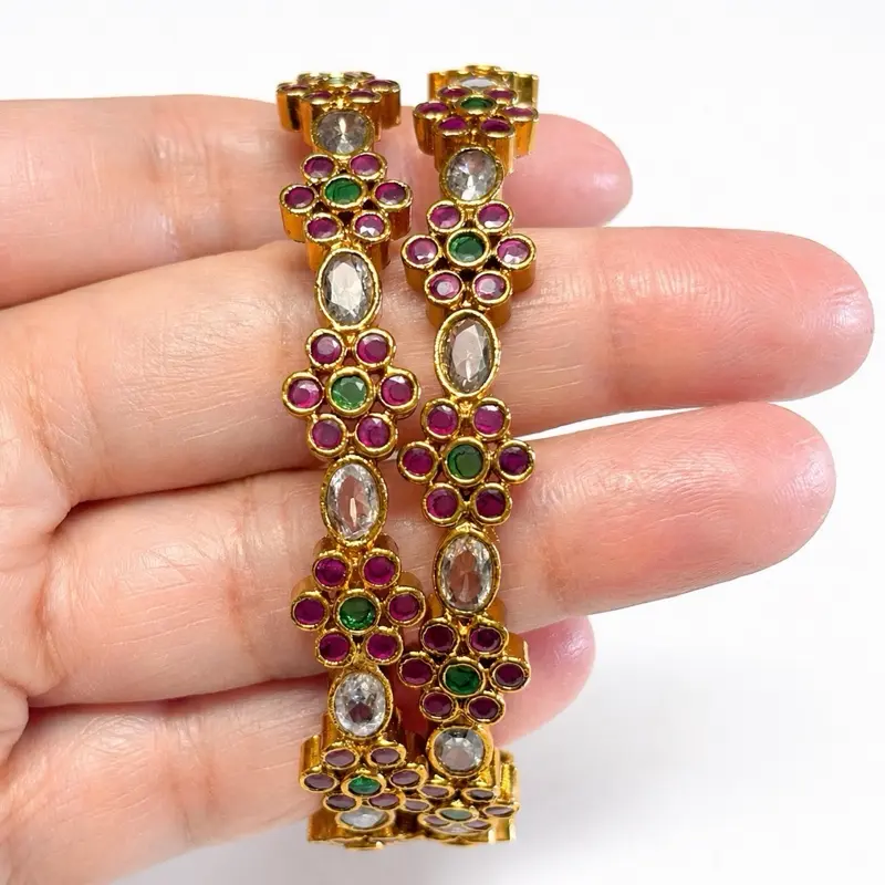 Traditional Indian Bangles in Ruby Colored Green and Clear Stone. Set of 2 Pieces. Perfect for Any Occassion