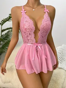 Women's Fashion Sexy Underwear with Elegant Lace and Bodysuit Dress, Sexy Lingerie Bodysuits, Fitted Floral Aesthetic Design, All Seasons, Pink, Womenswear