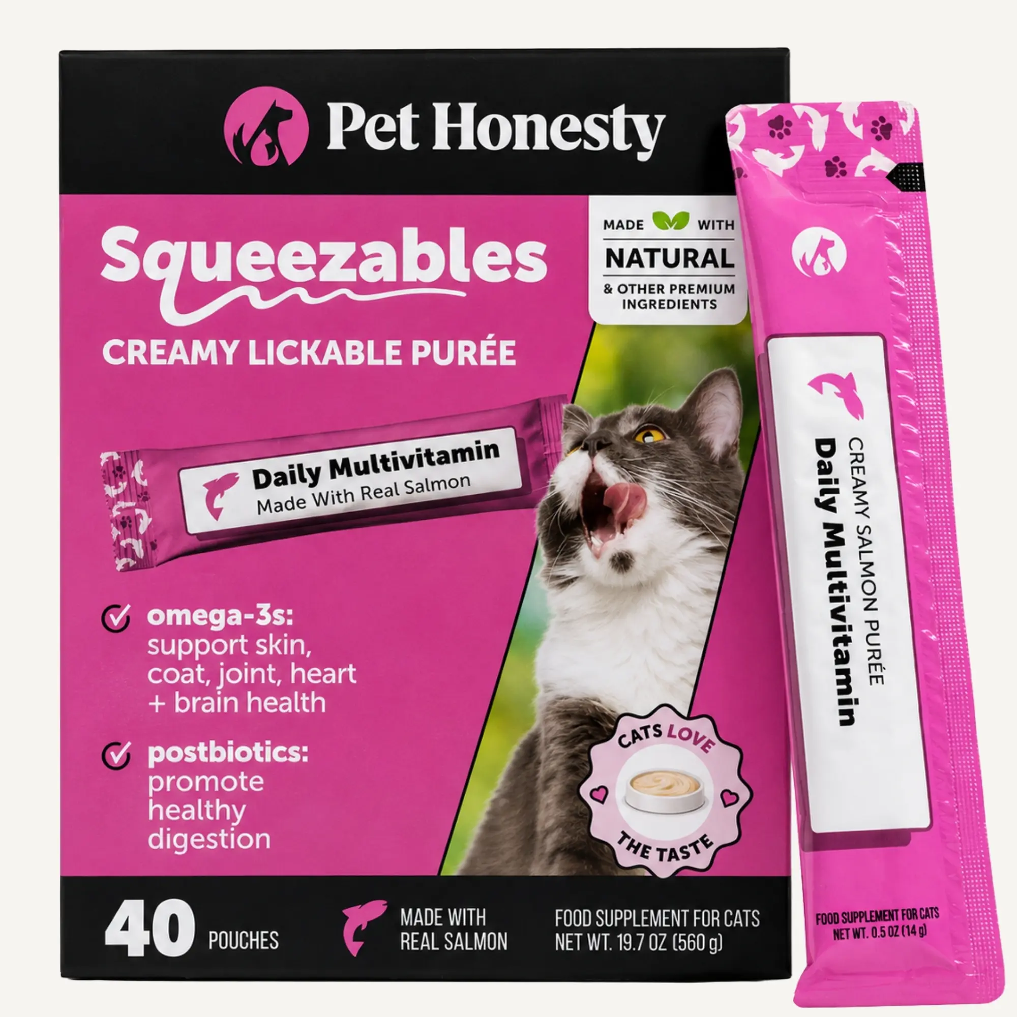 Pet Honesty Squeezables Multivitamin Lickable Supplements for Cats, 40 Pouches