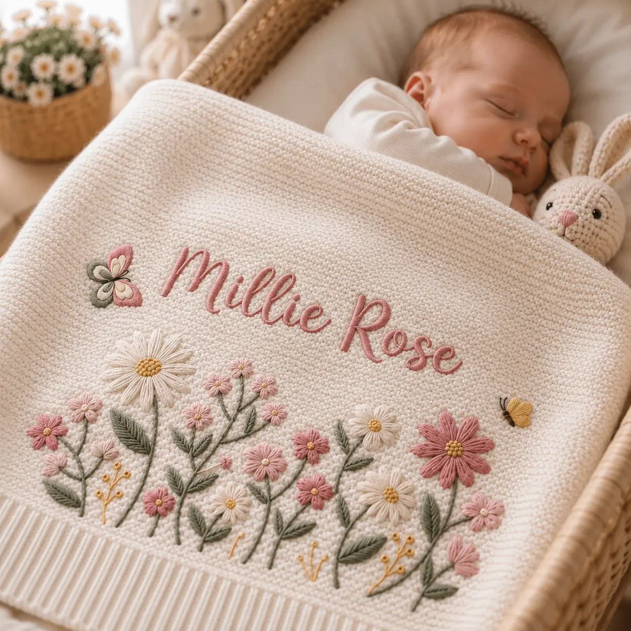 [Made-to-Order]  Personalized Floral Embroidered Baby Blanket - Custom Name Knitted Throw, Welcome Baby Blanket, Nursery Keepsake, Keepsake Newborn