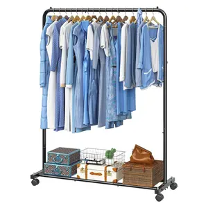 Portable Clothing Rack with Wheels – Metal Garment Rack with Bottom Shelf for Bedroom & Laundry Room (Black)
