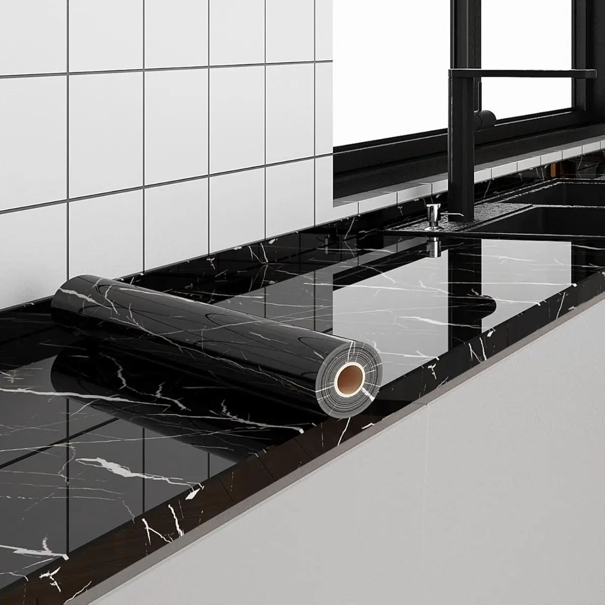 Black Granite Textured Wallpaper Self Adhesive Peel and Stick Marble Look Vinyl Film Waterproof Removable for Kitchen Backsplash Bathroom Cabinet DIY