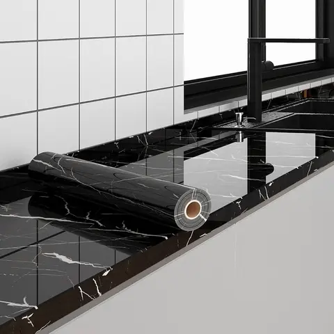Black Granite Textured Wallpaper Self Adhesive Peel and Stick Marble Look Vinyl Film Waterproof Removable for Kitchen Backsplash Bathroom Cabinet DIY
