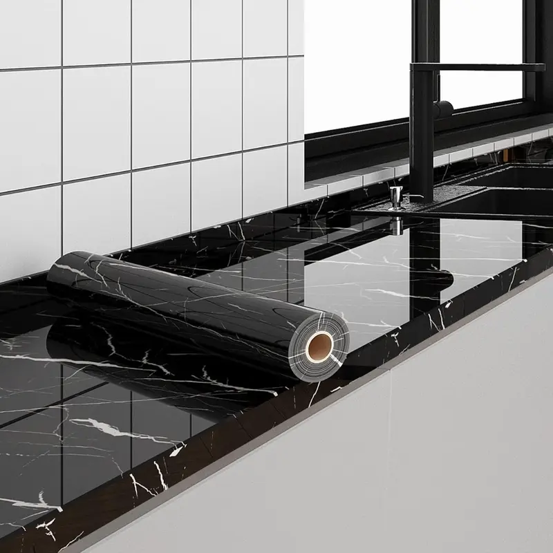 Black Granite Textured Wallpaper Self Adhesive Peel and Stick Marble Look Vinyl Film Waterproof Removable for Kitchen Backsplash Bathroom Cabinet DIY