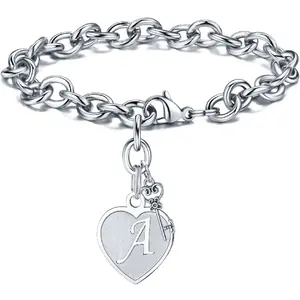 Personalized Initial Heart & Key Charm Bracelet - Adjustable Size, Unisex, Durable & Lightweight, Perfect for Birthday, Graduation, Easter Gifts