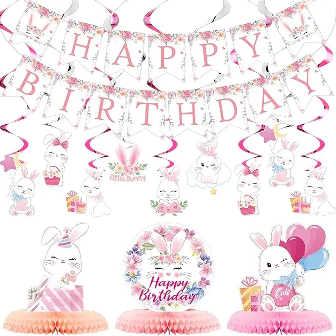 Easter Bunny Birthday Party Decorations Kit - 26 Pcs with Bunny Banner, Honeycomb Centerpiece, Rabbit Hanging Swirls Cutouts for Girl Baby Shower